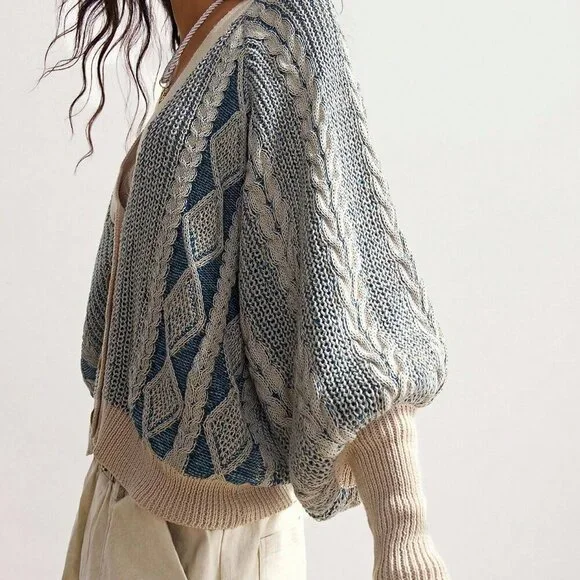 Blue Women's Lantern Sleeve Single-Breasted Casual Knit Cardigan - Picture 4 of 8